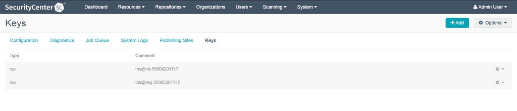 Keys Settings Path: System > Keys Keys allow the administrator to use key-based authentication with a remote SecurityCenter (remote repository) or between a SecurityCenter and an LCE server.