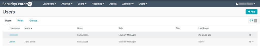 User Accounts Path: Users > Users The Users page displays the user accounts on SecurityCenter. You can sort the columns or apply filters to locate specific user accounts.