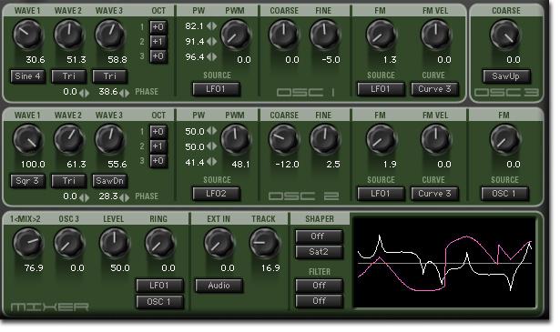 OSC Page Synthesizer One uses wavetables to generate sounds from its oscillators OSC 1 and OSC 2. This allows extreme control and flexibility over the core source of sound generation.
