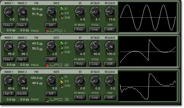 McDSP Synthesizer One LFO Page Synthesizer One uses wavetables to generate waveforms for its LFOs.