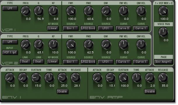 McDSP Synthesizer One Filter and Envelope Page Filters Synthesizer One has two virtually controlled filters (VCF 1, VCF 2).