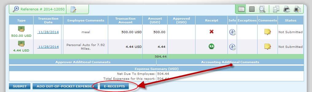 by clicking the E-RECEIPTS button from any inprocess report.