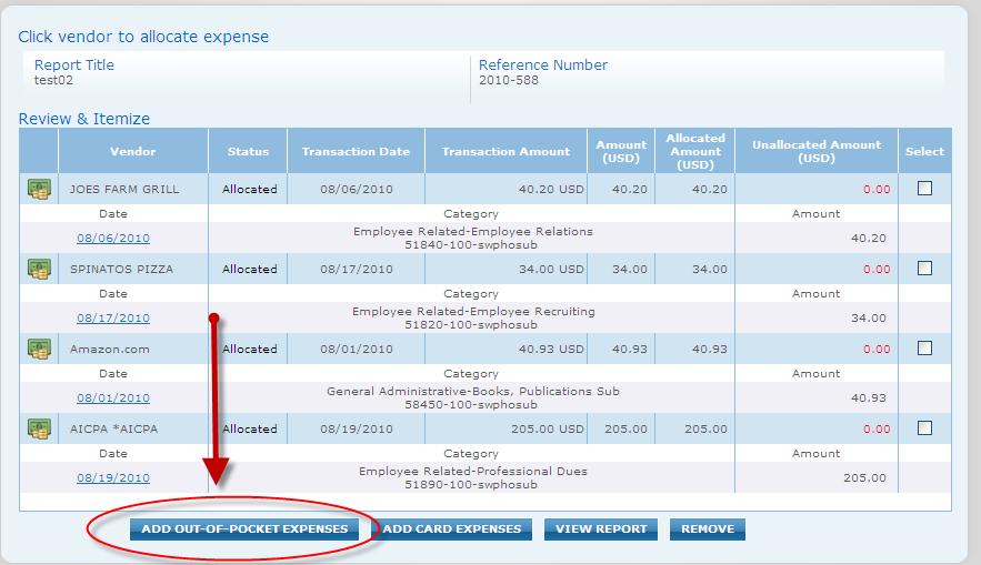 If you have non-credit card charges to add, you can select ADD OUT-OF-POCKET EXPENSES and add them as well.