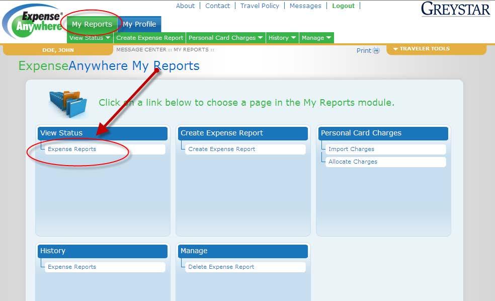 Checking Expense Report Status: You can determine the status of the expense reports you have entered at any time by selecting the View Status