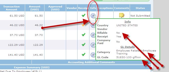 List View: You can review receipts, approve or disapprove expenses and add comments. Click the to approve an item or the to disapprove an item.