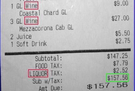 In this example, you will notice that there are two charges for wine and the tax for liquor highlighted.
