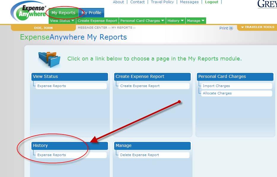 You can search for a specific expense report using the History option on the My Reports
