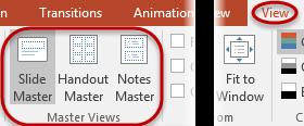 To modify the slide master, choose the View tab, Slide Master from the Presentations View Group. There is a master slide for presentation slides, handouts and notes.