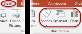 Insert Shapes Select the Insert Shapes drop down arrow to add shapes to your presentation.