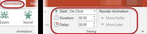 Animation Timing By default, every animation will start On Click, which means there needs to be a click of a mouse key or a key on the keyboard must be pressed in order for the animation to start.
