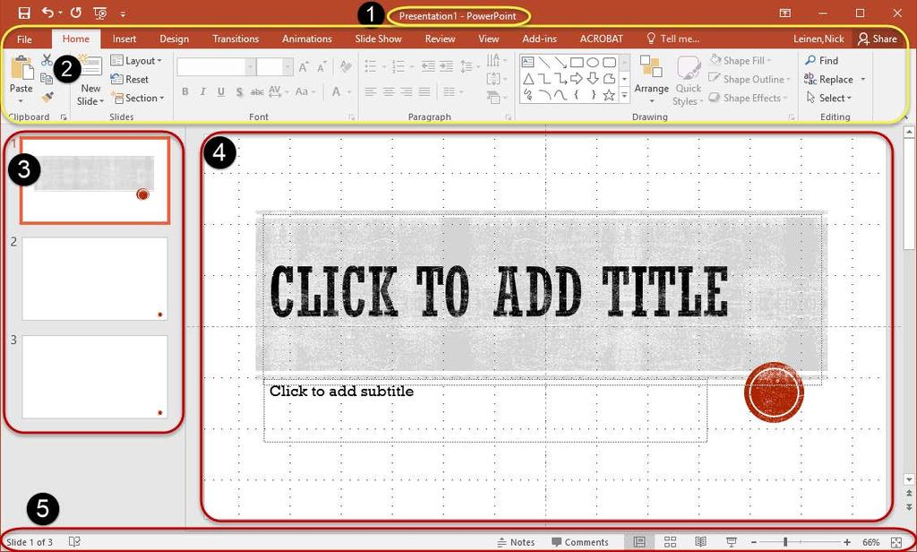 PowerPoint Layout When a new PowerPoint is created, the screen will look similar to this; The PowerPoint screen consists of the following; 1. Title Bar displays the name of the current presentation 2.