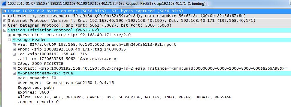 The following figure shows the IP address for the same SIP end device is 192.168.40.190.