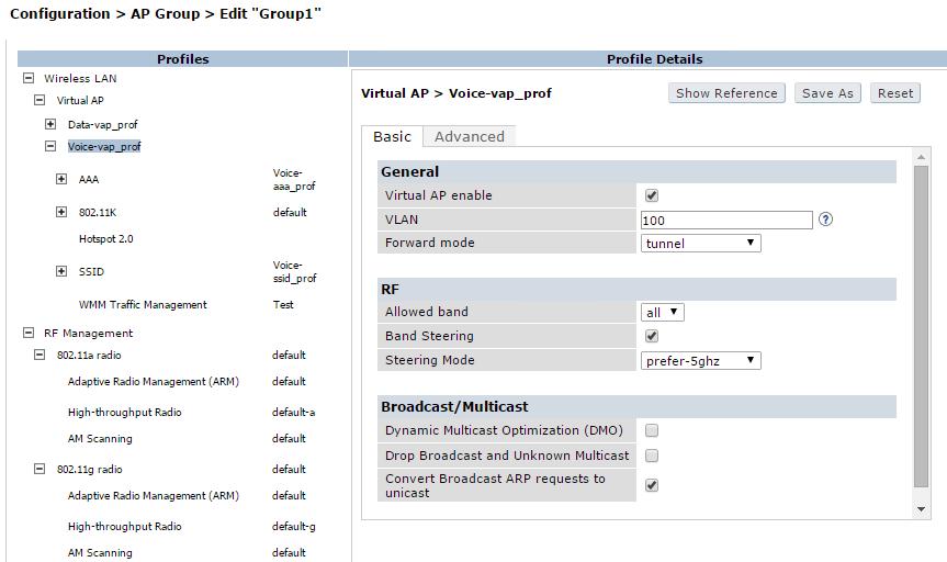 For Band Steering (Figure 11), navigate to the Basic tab of the appropriate virtual AP profile.