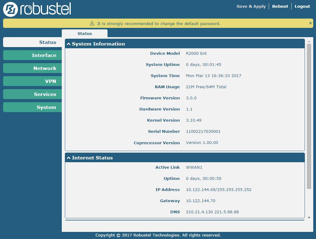 3.4 Control Panel After logging in, the home page of the R2000 Ent Router s web interface is displayed, for example.
