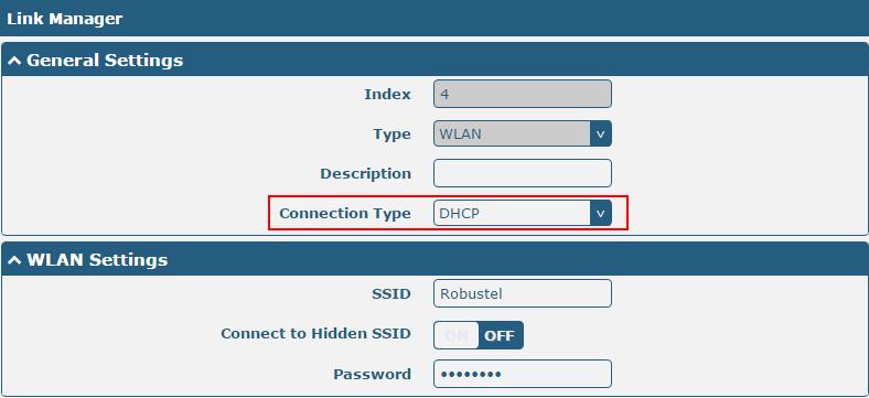 WLAN Router will obtain IP automatically from the WLAN AP if choosing DHCP as the connection type. The specific parameter configuration of SSID is shown as below.