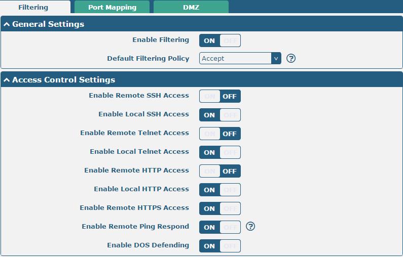 3.14 Network > Firewall This section allows you to set the firewall and its related parameters, including Filtering, Port Mapping and DMZ.