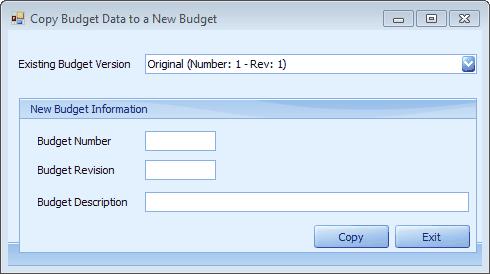 32 Database Manager - Version 14.6 7.5.1 Copy Budget Data The Copy option allows for copying an existing budget to create a new budget. The copy process includes copying all budget detail data. 1. On the Budget Versions panel, select the budget row and click Copy.