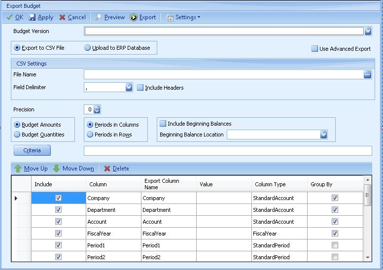 Process Center 55 9.3 Export Budgets The Export Budgets option is used to export budget data from the DBM database to a CSV file or to upload budget data from the DBM database to an ERP database.