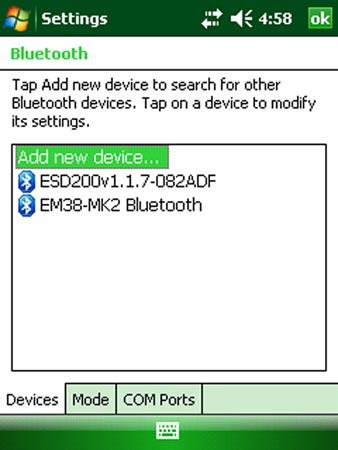 After tapping on the Bluetooth icon the following screen will appear. Tap on the Add new device item. At that time the EM61-MK2 must be ON.