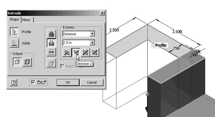 7-36 Tools for Design with VEX Robot Kit: AutoCAD and Autodesk Inventor 12. In the Extrude popup window, enter 2.5 as the extrude distance as shown. 13.