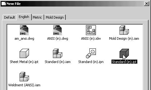 Select the English tab in the New File dialog box as shown. Note the default tab contains the file options which are based on the default units chosen during installation. 3.