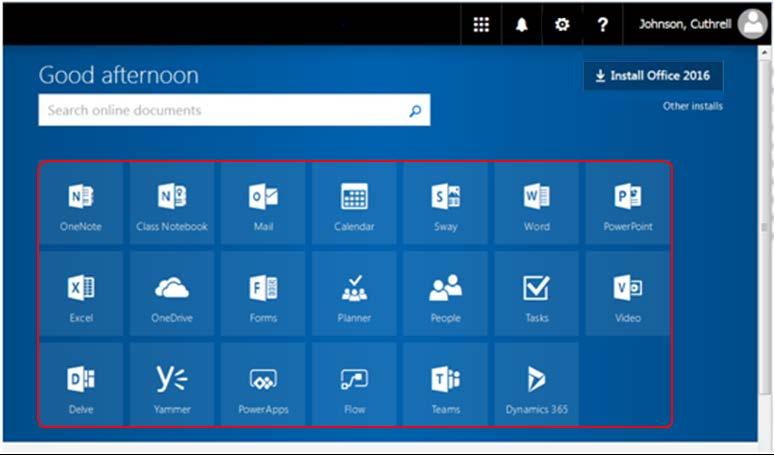 The Office 365 Interface Initially, login is directed to the main apps landing page.