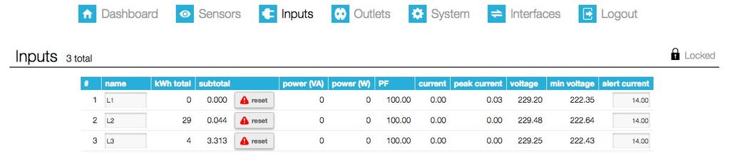 INPUTS TAB # This indicates the number of input phases. In this example, you see 3 lines because a 3 phase PDU is shown.