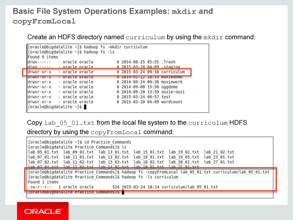 In the first example, we use the mkdir command to create an HDFS directory named curriculum.