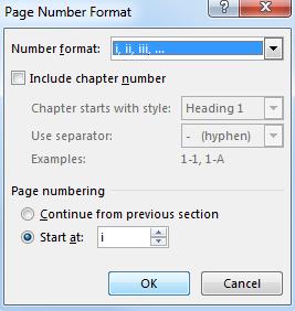 Set Start at: i 14. Click OK Remove numbering from title page 1. Go to Page 1 in Section 1 2.