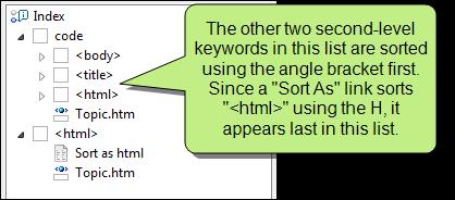 "Sort As" links apply to both first- and second-level keywords.