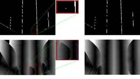 The edge detection scheme as discussed above may generate some isolated small blobs (including single pixels) besides edges of real lane marks.