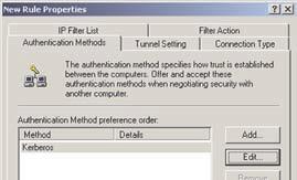 Click the Authentication Methods tab, and verify that the authentication method Kerberos is