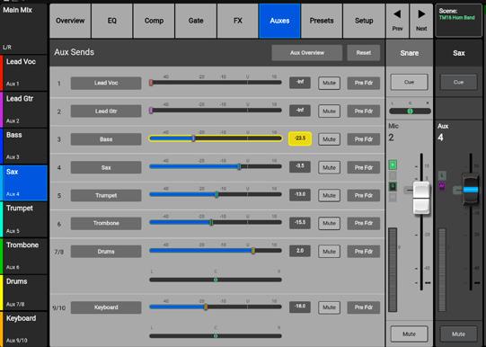 7. AUXES (Cont d) You can also route an individual input channel to any of the Auxes from the native Aux screen within each Input channel.
