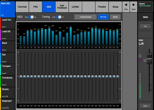 Select the GEQ tab and see the 1/3 octave graphic equalizer. (Image 1.17). The GEQ faders may be adjusted by dragging on screen or use the Master Encoder.