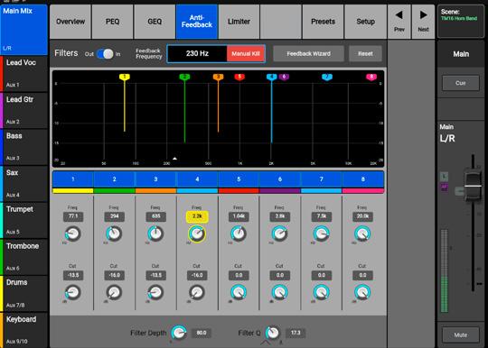 The Anti-Feedback Wizard available on all mix outputs helps the operator ring out the system by automatically dropping narrow-band filters onto offending feedback frequencies