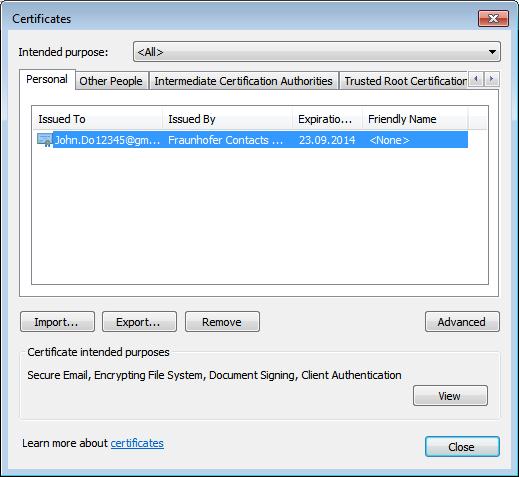 Exporting your own personal certificate from the browser Select the certificate you wish to export from the options listed under the Personal tab and click Export (see Figure 17).
