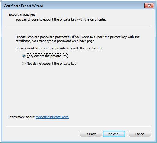 Exporting your own personal certificate from the browser Figure 19: Microsoft certificate export wizard Selecting the option for exporting the