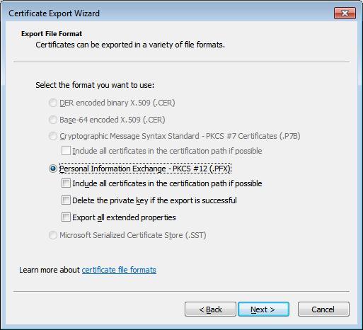 Exporting your own personal certificate from the browser Figure 20: Microsoft certificate cxport wizard Selecting the file export format Now enter a secure password 1 to protect the key when it is