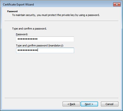 Exporting your own personal certificate from the browser Figure 21: Microsoft certificate export wizard Entering the transport password for the backup certificate Now click on Browse and select a