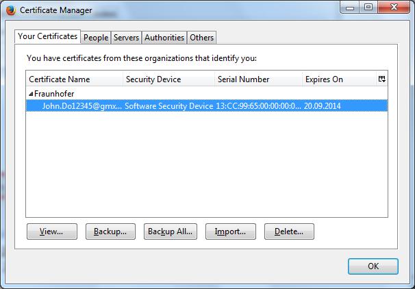Exporting your own personal certificate from the browser Next, select the certificate you wish to export from the options listed under the Your Certificates tab and click on Backup (see Figure 26).