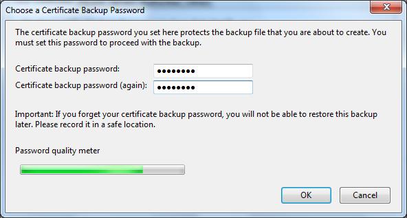 Exporting your own personal certificate from the browser Figure 28: Entering the transport password