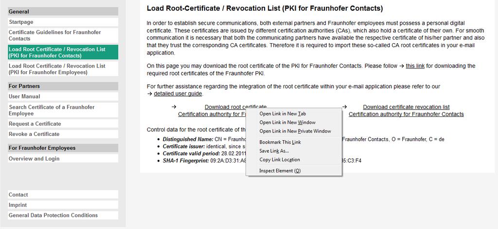 Figure 30: Downloading the PKI for Fraunhofer Contacts root certificate Now select the file where you wish to save the