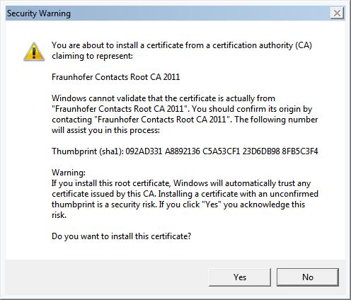 Figure 34: Security warning when importing the PKI for Fraunhofer Contacts root certificate into the