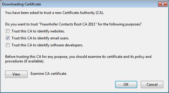 Figure 38: Selecting the trust settings for the PKI for Fraunhofer Contacts root certificate when importing it into Mozilla Thunderbird.