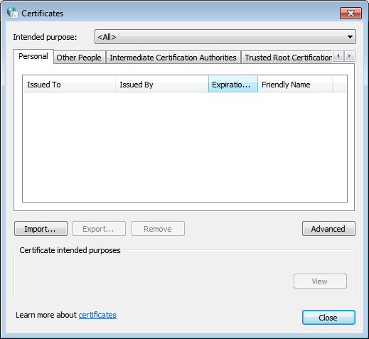 Figure 41: Screenshot showing Personal Certificates in the Microsoft certificate store This opens the certificate import wizard. Confirm the first window by clicking Next.