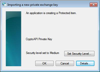 Figure 45: Adjusting the security level for access to personal private keys at a later point when importing personal certificates into the Microsoft certificate store First you will have to reconfirm