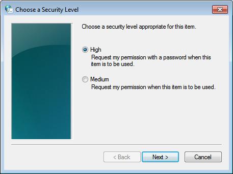 Figure 46: Changing the security level so that a password is requested whenever the user s private key is accessed at a later point You will now be prompted to set the password that you wish to be