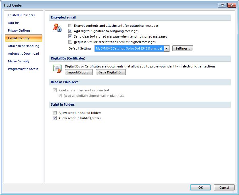 Figure 52: Outlook 2007 Trust center This opens the Change Security Settings dialog window (see Figure 53).