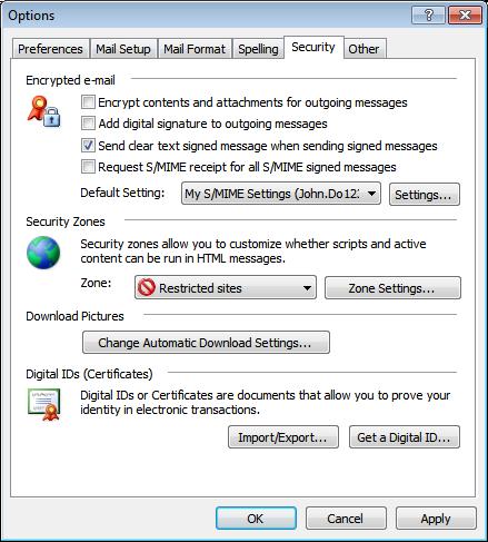 Figure 54: Outlook 2003 S/MIME options This opens the Change Security Settings dialog window (see Figure 55).