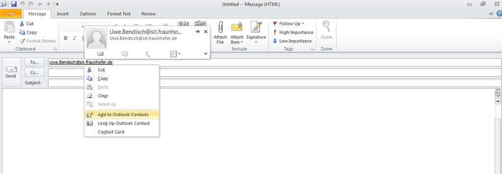 4.3.1 Incorporating a Fraunhofer employee s certificate into Microsoft Outlook 2010 Begin by opening a new e-mail from the Start tab by clicking New E-mail.